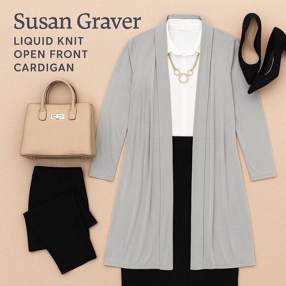 Susan Graver Liquid Knit Open Front Cardigan 2X Gray • Minimalist Neutral Staple - Picture 1 of 12
